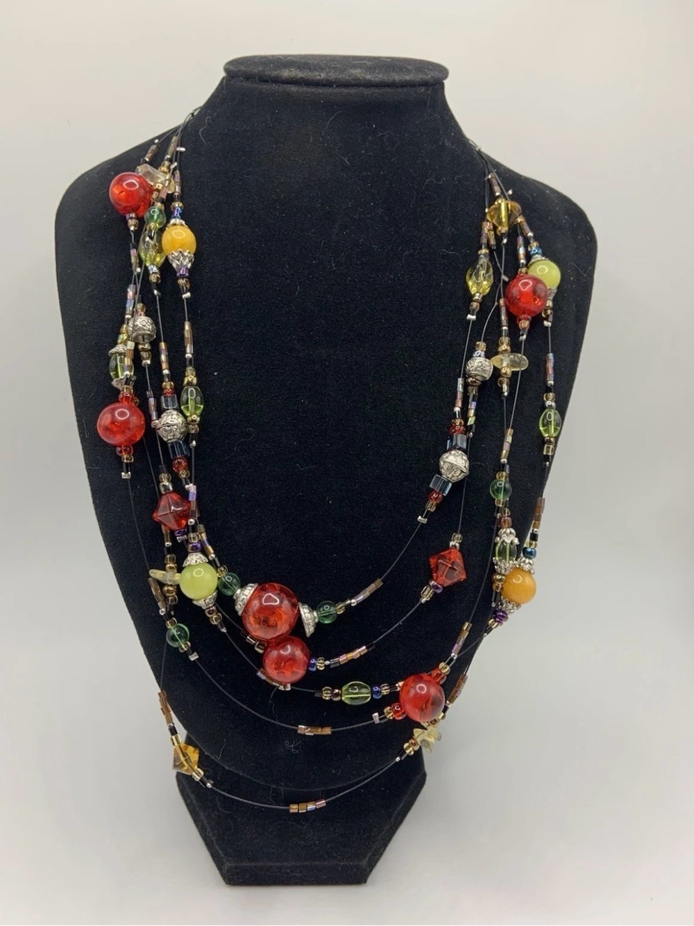 5 Strand Floating Black Wire Glass, Acrylic Beaded Necklace Silver Tone
